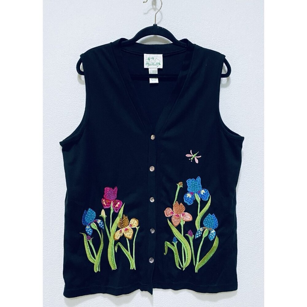 Quacker Factory Vest Womens Large Black Floral Embroidered Cottagecore Granny